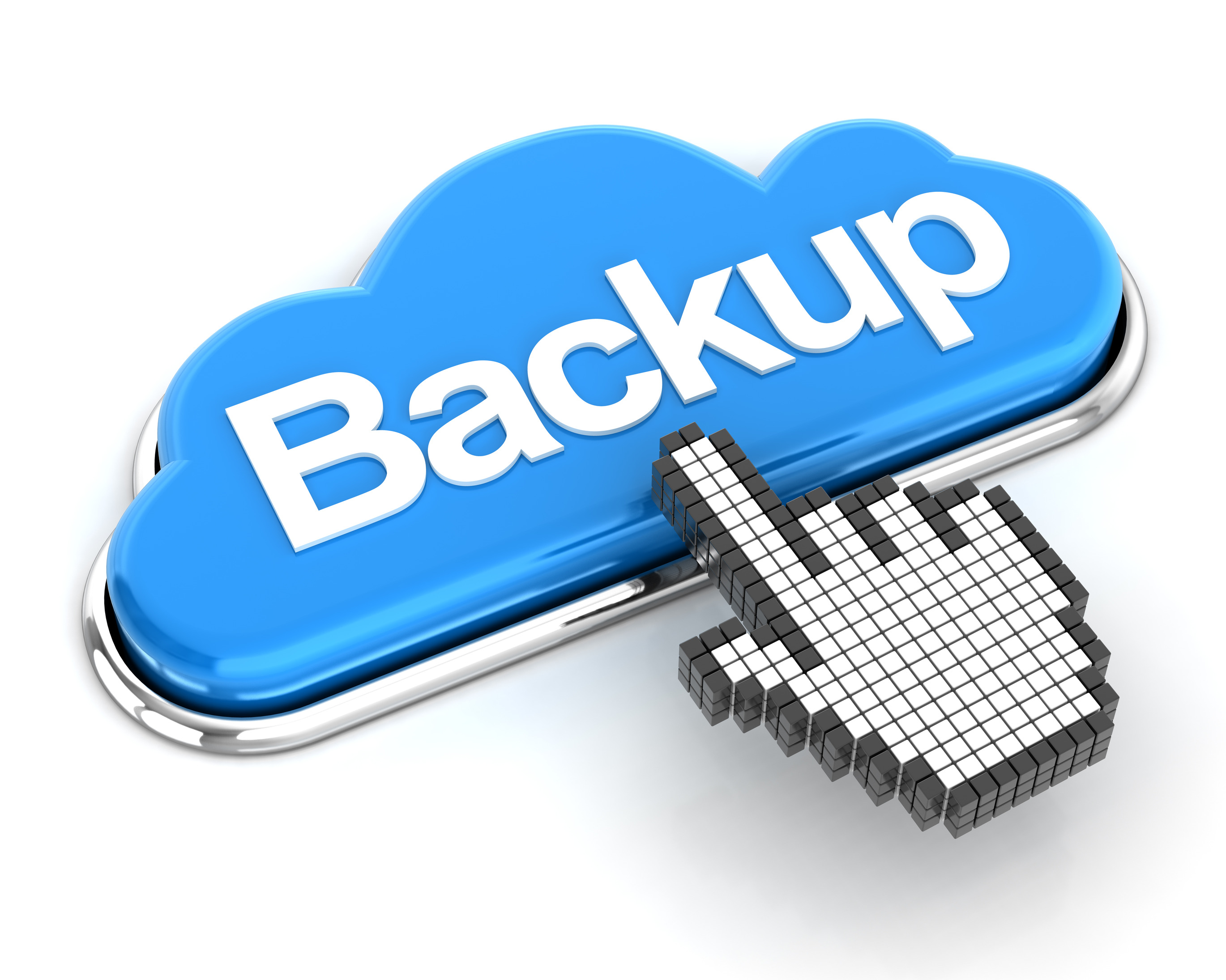  A 3D rendering of a blue cloud with the word 'Backup' on it. A pixelated hand cursor is clicking on the cloud.